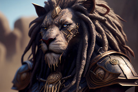 Lion warrior with armor and spikes on his head. 3d illustration.の素材