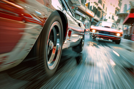 Vintage car on the road, motion blur. Abstract background.の素材