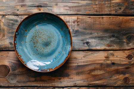 Empty blue plate on a wooden background. Top view. Copy space.の素材