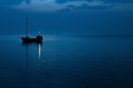 Sailing boat in the sea at night. Beautiful nature background.の素材