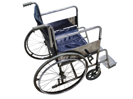 wheelchair Isolated on White Background.  Side view of blue wheelchair with rust some surfaceの写真素材