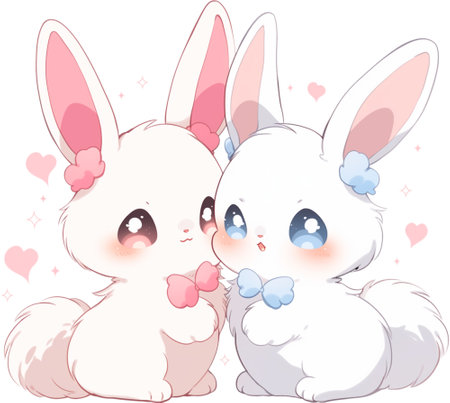 Two white rabbits sitting side by side on a white background. The rabbits are looking at each other with affection.Generative AIの素材