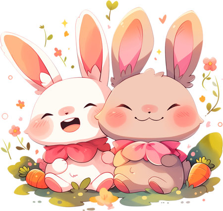 This heartwarming image features two adorable rabbits, one white and one brown, sitting side by side.Generative AIの素材