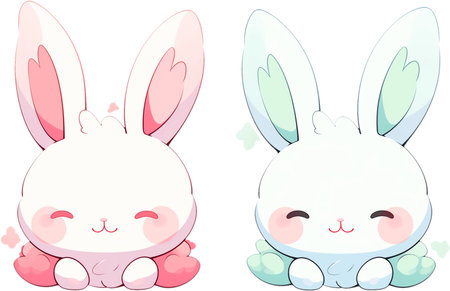 Two white rabbits sitting side by side on a white background. One rabbit holds a pink flower, while the other rabbit holds a blue flower. Generative AIの素材