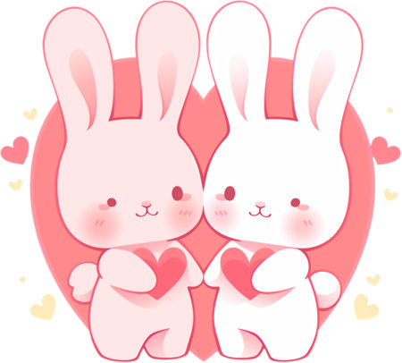Two lovely white rabbits holding hearts sit side by side on a pink background. The rabbits are looking at each other with affection.Generative AIの素材