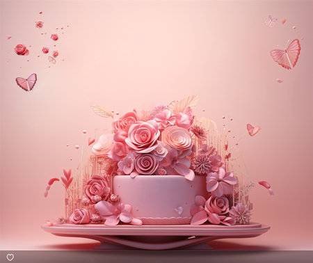 This delightful image features a pink coffee cup filled with pink roses and surrounded by butterflies. The cup is set against a backdrop of a pink table and a white wall. The image is full of charm and sweetness, and it would make a wonderful addition to any home or office.の素材