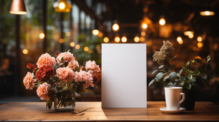 A simple still life of a rustic wooden table adorned with a vibrant bouquet of flowers and a steaming cup of coffee. Sunlight streams through the window, Generative AIの素材