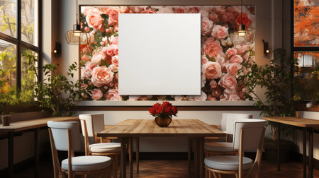 A modern dining room with a minimalist table and chairs set against a backdrop of clean white walls. A large pink canvas adds a touch of color and personality to the space. Generatの素材