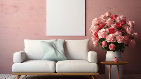 A plush white couch sits invitingly in front of a soft pink wall, creating a calming and serene atmosphere. Generative AIの素材