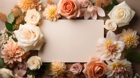 A vibrant bouquet of sunflowers, roses, and other summer flowers brings a touch of cheer to a rustic wooden table. A blank greeting card awaits your personal message, Generative AIの素材