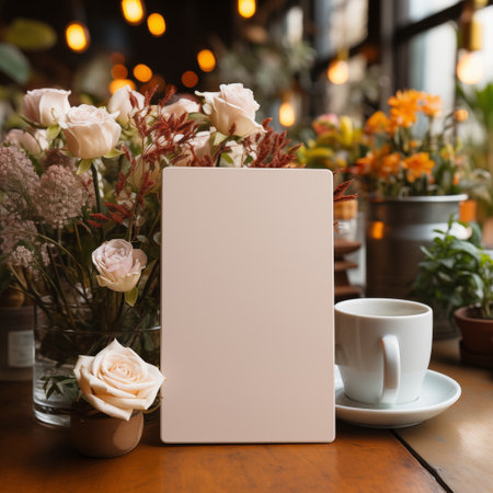 A steaming cup of coffee and a vibrant bouquet of flowers in a glass vase sit on a rustic wooden table. Generative AIの素材