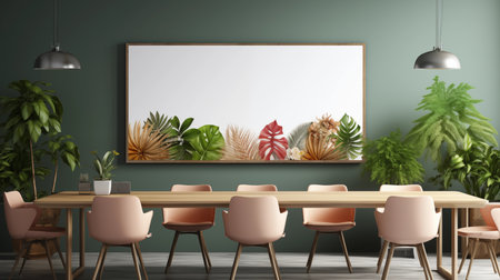 A modern dining room with a touch of the tropics. Lush greenery spills from hanging planters and table centerpieces, creating a vibrant and inviting atmosphere. Generative AIの素材