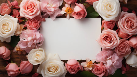 This photo features a blank white card nestled amidst a cluster of soft pink and white roses, arranged on a rustic wooden table. Generative AIの素材