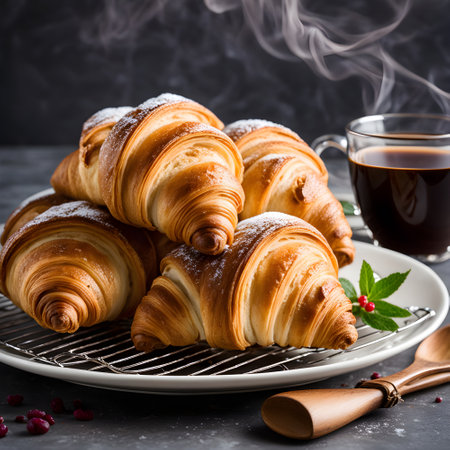 A delicious breakfast of fluffy croissants, powdered sugar, coffee, and raspberries.の素材