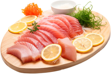 This colorful and appetizing sashimi platter is sure to impress your guests. It features a variety of fresh fish, each sliced to perfection, and is served with traditional garnishes.の素材