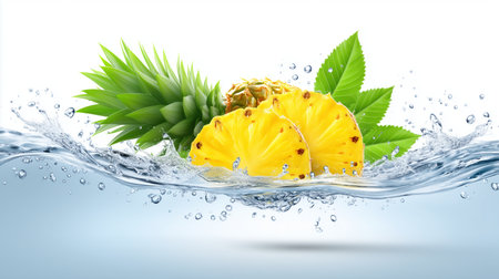 Refreshing pineapple, slices, and green leaves creating dynamic water splashes and bubbles. Isolated on a clean white background.の素材