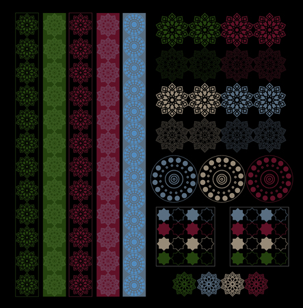 arabic islamic arabesque texture design with borders maroon blue green brown colorsのイラスト素材