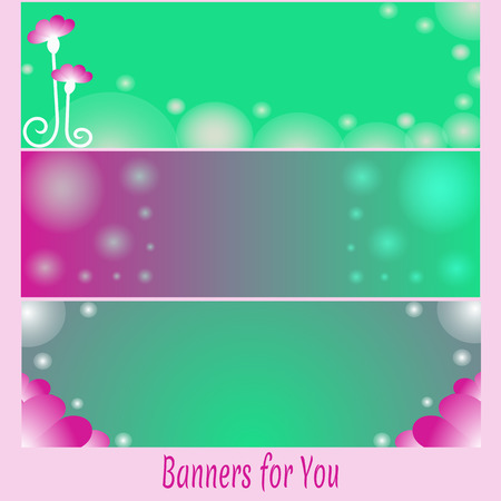 Set of bright pink and green banners with floral elements.のイラスト素材