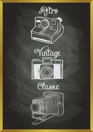 hand drawn classic camera with blackboard backgroundのイラスト素材