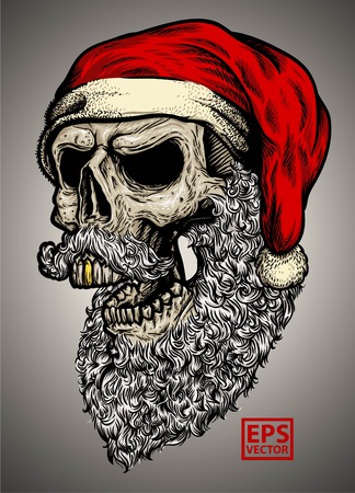 Hand-drawn skull wearing santa claus hat with cool color vector and editableのイラスト素材