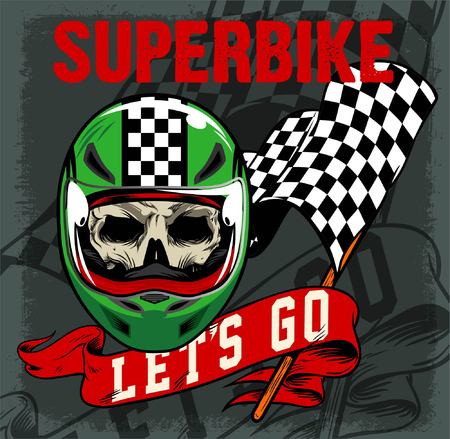 SUPER BIKE SKULL AND VINTAGE RACING FLAG AND RIBBONのイラスト素材