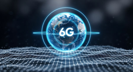 The Earth is prominently featured within a bright, glowing 6G network ring, highlighting the future of global communication and technological advancement.の素材