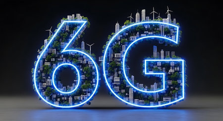 A striking visual representation of '6G' technology, depicted as a vibrant cityscape enclosed within glowing blue neon outlines, symbolizing future connectivity.の素材