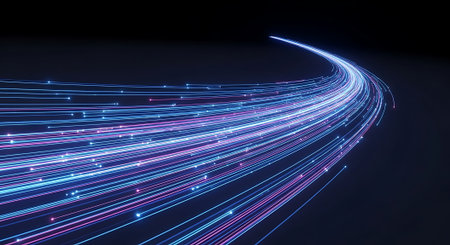 A dynamic and energetic abstract image featuring streaks of blue and purple light that convey a sense of speed and motion against a deep, dark backdrop.の素材