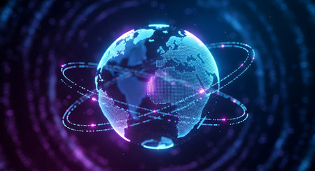 A glowing digital representation of Earth, encircled by luminous rings and scattered particles, symbolizing the interconnectedness of the world through advanced technology and data flow.の素材