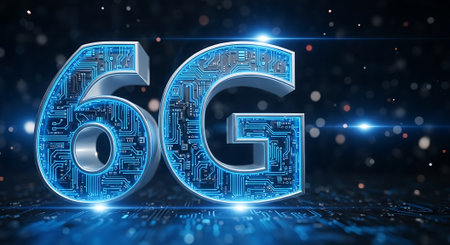 A detailed view of the 6G symbol, showcasing its integration with advanced circuitry and luminous effects, representing the cutting edge of telecommunication technology.の素材