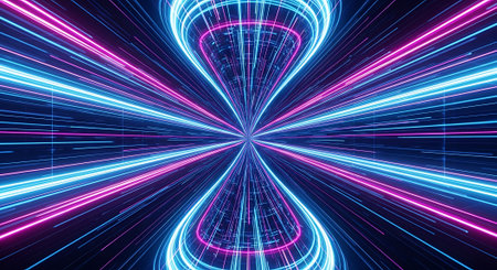 An awe-inspiring symmetrical tunnel formed by vibrant blue and pink light streaks, converging and diverging to create a striking hourglass or wormhole effect, symbolizing speed and passage.の素材