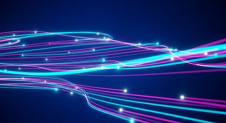 Abstract glowing neon light trails with particles on a dark blue background, representing data flow and digital connections in a futuristic setting.の素材