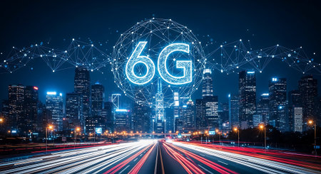 A futuristic cityscape at night is illuminated by the glowing '6G' symbol, surrounded by a digital network, with streaks of light on the road below, signifying advanced wireless communication and futuの素材