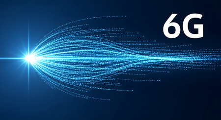 A striking visual representing 6G technology, featuring a bright, luminous point on the left from which countless blue light particles stream outwards, symbolizing powerful and expansive connectivity.の素材