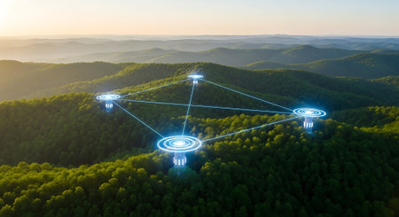 A futuristic digital network overlays a serene natural landscape, symbolizing the seamless integration of technology and the environment, fostering growth and connectivity.の素材