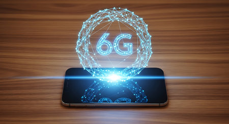 A modern smartphone on a wooden desk displays a luminous 6G network icon, representing the integration of next-generation wireless technology into everyday mobile devices.の素材