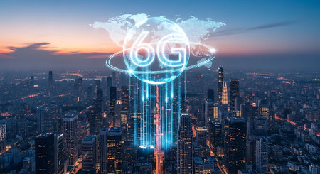A stunning view of a modern city skyline at dusk, with a glowing 6G network visualization ascending from the buildings, symbolizing future urban connectivity.の素材
