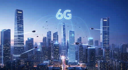 A modern cityscape at dusk, with towering skyscrapers connected by a glowing 6G network. Flying drones navigate the illuminated urban environment, symbolizing advanced connectivity.の素材