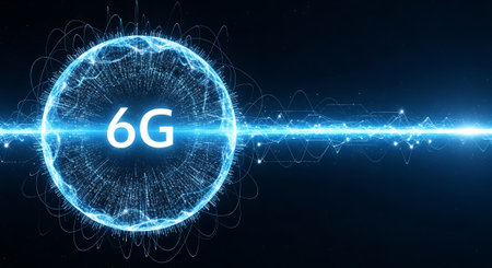 A luminous blue sphere composed of intricate digital patterns, emitting a bright light beam. This abstract visualization represents the core of 6G technology and its powerful connectivity.の素材
