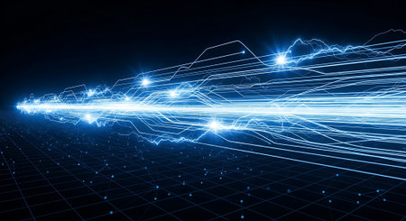 Streaks of vibrant blue light surge forward at incredible speed, creating an abstract visual representation of rapid data transfer, technological advancement, and the dynamic nature of digital informaの素材