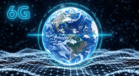 Planet Earth is enveloped in a luminous 6G network ring, set against a backdrop of a digital grid, symbolizing advanced global communication and connectivity.の素材