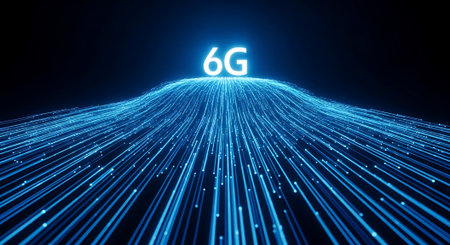 An abstract visualization of the 6G network, depicting numerous glowing blue light particles flowing and converging upwards, suggesting immense speed and data flow in future communication.の素材