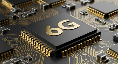 A detailed macro view of a 6G integrated circuit chip with golden pins on a complex electronic circuit board, highlighting advanced technology and future connectivity.の素材