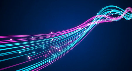 An elegant abstract visualization of digital information flowing like a wave, composed of intertwined luminous strands and glowing particles, suggesting connectivity and data.の素材