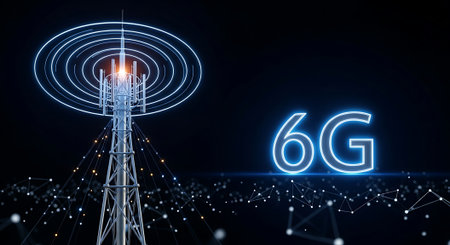 Futuristic 6G communication tower with glowing signal waves and abstract network connections, symbolizing advanced wireless technology and global data transmission.の素材