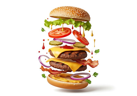 A mouthwatering, deconstructed cheeseburger floats in mid-air against a clean white background, showcasing every fresh ingredient in perfect detail.の素材