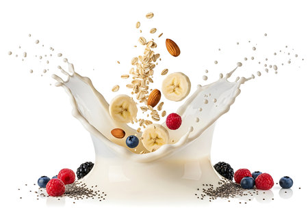 A dynamic splash of milk erupts upwards, adorned with scattered banana slices, almonds, oats, and a vibrant assortment of fresh berries, creating a visually appealing and healthy breakfast concept.の素材