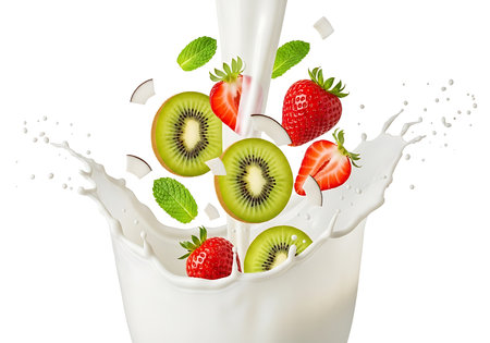 A dynamic image captures strawberries and kiwi slices mid-air, splashing into a cascade of white milk against a clean, isolated white background, evoking freshness and healthy indulgence.の素材