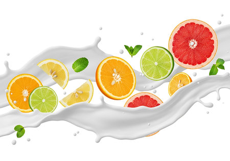 A vibrant assortment of citrus fruit slices, including oranges, grapefruits, and limes, are captured mid-air, splashing into a creamy white liquid.の素材