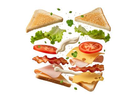 A visually appealing arrangement of sandwich components, including toasted bread, crisp lettuce, ripe tomato slices, savory bacon, cheese, and deli meats, artfully scattered on a clean white backgrounの素材